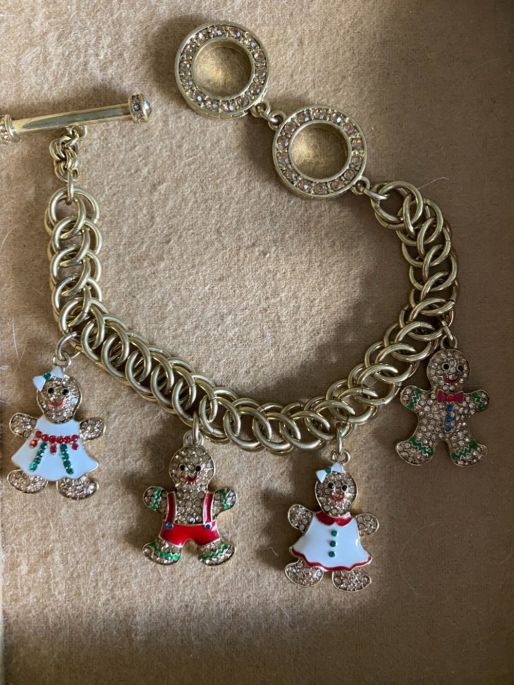 Heidi Daus Gold-Tone Gingerbread Charm Bracelet with Red, Green & White Enamel